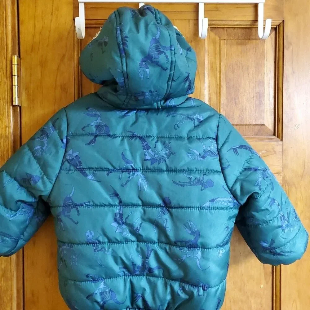 OshKosh B'gosh 18M Puffer Jacket Toddler Boys Teal Dinosaur Skeleton Hooded Coat